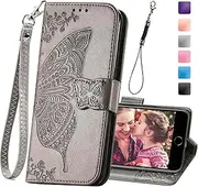 KRHGEIK Wallet Case for iPhone SE 2020/SE 2022/iPhone 8/iPhone 7,Women Butterfly Embossed PU Leather Stand Card Slots Wrist Strap Flip Folio Cover for iPhone 6/6S/7/8/SE 2nd/SE 3rd Gen (Gray)