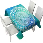 White Mandala over Bright Blue Green Tablecloth