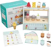 Ice Cream Play Set, Wooden Toy Ice Cream Kitchen for Kids, Ice Cream Parlor with Counter and Fake Money