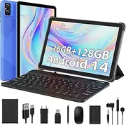 MIXLURE Android 14 10 Inch Tablet, 5G WiFi and 4G LTE, 36G RAM + 128G ROM (1TB TF), 1280 x 800 HD//Octa-Core 2.0Ghz/8000mAh/5MP + 8MP Camera with Case, Keyboard, Mouse, Blue