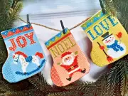Gift Stockings Bunting - Mini Stockings Snowman, Santa, Joy - Cross Stitch Chart