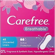 Carefree Breathable Unscented Panty Liners 48 pack| Body-contoured shape| Cottony-soft cover| Wide Adhesive Strip| Breathable backing