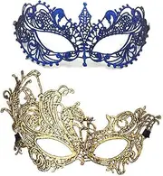 Masquerade Lace Mask for Women, for Cosplay Venetian Mardi Gras Halloween Party Masks - 2 pcs Blue, Gold
