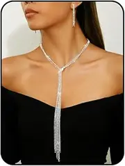 [Brihasory] Rhinestone Tie Necklace and Tassel Earrings for Women, Multi-layered Lariat Long Silvery Statement Necklaces Y-Shaped Body Chain for Dinner Party Wedding Jewelry Set, Copper Alloy
