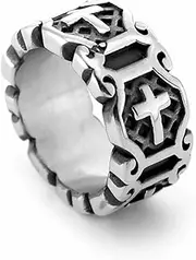 [starchenie] Mens Cross Rings Stainless Steel Vintage Christian Religious Band Ring for Men Size 7-12