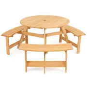 Costway 6 Person Wooden Picnic Bench Set Dining Table & Built-in Chairs w/Umbrella Hole Outdoor Activity
