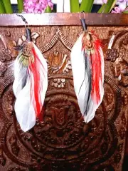 Hand made Boho feather earrings , red and white , summer favorite