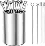 20 Pcs Cocktail Picks with Holder Kit 4.3 Inch Stainless Steel Cocktail Toothpicks Reusable Cocktail Skewers Multipurpose Appetizer Skewers Set for Sandwiches Cocktails Olives Appetizers Fruits Fulasu