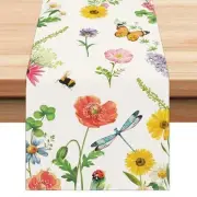 Spring Floral Table Runner 13x72 Inch Red Yellow Wildflowers Butterfly Bee