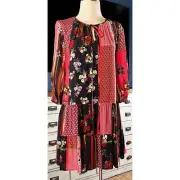 NWT New $365 Nicole Miller Patchwork Silk Blend Longsleeve Red Mini Dress P