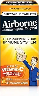 Reckitt Benckiser Airborne Chewable Vitamin C 1000 Milligrams Immune Support Supplement Tablets, Citrus, 32 Ct