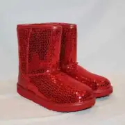 NIB UGG YOUTH 4 SEQUIN HEART CLASSIC SHORT SHEARLING BOOTS RED