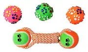 4 Pack Small Squeaky Dog Toys Bouncy Paw Ball Double Ball Rope Fetch Play Lot
