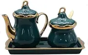 MAGICVOGEL Ceramic Milk Jug and Sugar Bowl Set, Sugar Container, Milk Jug with Tray, Spice Jar with Lid and Spoon, Cream Jug, Coffee Service Set for Home, Café, Bar (Green)