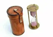 Brass Hourglass Pocket Sand Timer Nautical Maritime Sand Clock With Leather Box