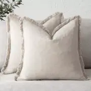 Set of 2 Decorative Linen Fringe Throw Pillow Covers Cozy Farmhouse Boho Cushion