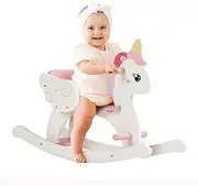 FUNLIO Wooden Unicorn Baby Rocking Horse, Rainbow Fairy Rocking Horse for Toddlers 6 Months to 3 Years, Wooden Ride-on Animal Rocker, Easy to Assemble, CPC & CE Certified - Pink