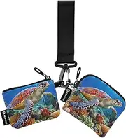 [XYMZR] Mini Zip Around Wristlet keychain Wallet Turtle Swimming Coral for Women Personalized Pattern Detachable Dual Pouch Wristlet Portable Wallet Phone Coin Purse, Multi-colored, One Size
