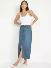 Old Navy Mid-Rise Jean Maxi Skirt Blue Slit Front Pocket Medium Wash Denim