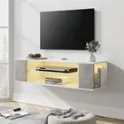 White Floating TV Stand with Yellow LED Lights Wall Mounted Shelf Entertainment