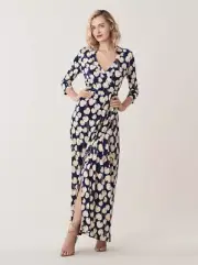 Diane Von Furstenberg DVF Floral Leaf Silk Wrap Maxi Dress Size 12 Navy Blue