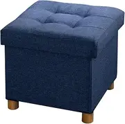 BRIAN & DANY Folding Ottoman Storage Cube with Wood Legs, Linen Foot Stool, pouffe Footstool with Highly Elastic Sponge Filling - 38 x 38 x 38cm (Blue)
