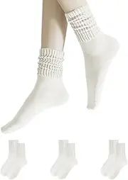 [PLZSITDOWN] Women's Scrunch Crew Socks Retro Cotton Ribbed Sock Summer Light Athletic Slouch Socks, 3 Pairs Beige, One Size