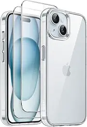 JETech 3 in 1 Case for iPhone 15 6.1-Inch with 2 Pack Tempered Glass Screen Protectors, Non-Yellowing Shockproof Bumper Phone Cover (Clear)