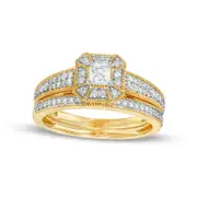 0.50 CT. T.W. Princess-Cut Natural Diamond Frame Three Piece Bridal Engagement Ring Set in Solid 10K Yellow Gold (J/I3)