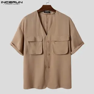 Incerun 男士韓版時尚口袋 V 領短袖純色襯衫