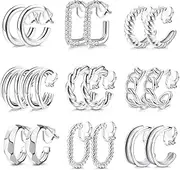 [Kakonia] 9Pairs Gold Clip on Hoop Earrings for Women Retro Clip on Earrings Twist Triple CZ Square Chunky Hoop Earrings Geometry Clip Earrings No Piercing Fake Earrings