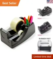 Durable Black Tape Dispenser with Weighted Base and Storage for Supplies