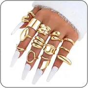 [LunarCharm] 14-piece Set of Chunky Gold Rings for Women, Gold-plated Thick Dome, Stackable Open Rings, Trendy, Delicate, Minimalist Jewellery, Gifts, X-Large, Plastic
