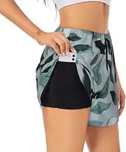 [GaxfjRu] Mint Gray Leaf Print Women's Running Shorts High Waisted Running Shorts Pocket Sporty Gym Elastic Short