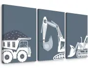 Construction Truck Wall Art Decor Baby Nursery Prints Boys Room Toddler Canva...