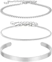 [Yuanchu] 3Pcs Silver Stackable Bracelets Set for Men, Stainless Steel Thin Cuff Snake Cuban Link Chain Bracelet Jewelry Gifts, Mediun, stainless steel