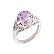Sterling Silver RH-plated Oval Checker-Cut Pink Quartz u0026 Diamond Gemstone Birthstone Ring Fine Jewelry Gift for Her