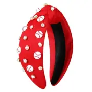 Baseball Headband for Women Crystal Pearl Knotted Headband Red Baseball