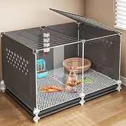 Home Ornamental Rabbit Cage, Indoor Bunny Cage, Rabbit Hutch, Holed Side Panel Design, Front HD Transparent, Bottom Splash Tray(70x45x40cm)