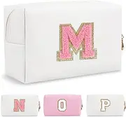 [ChaoGreat] Personalized Makeup Bag Initial A-Z Preppy Patch Bag,Small PU Leather Travel Cosmetic Bag Pouch with Zipper,White Cute Toiletry Bag,Gift Ideal for Teen Girls Women Birthday Friend Mom,Letter M