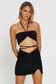 Black Mini Skirt Front Slit - Size 14, Women's Midi A Line