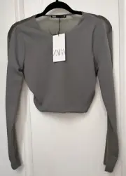NWT Zara Open Back Mesh Top Adjustable Cinch Gray Women’s Size Small