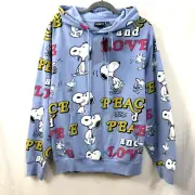 Peanuts Snoopy & Woodstock Hoodie Womens Sz M Blue Peace & Love AOP Pullover NWT