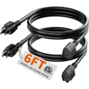 6 FT（2 Pack） 16 Gauge Black Indoor Outdoor Extension Cord Waterproof, Flexibl...