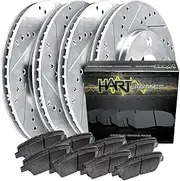 Hart Brakes Front and Rear Brake Rotors Silver Drilled Slotted Heavy Duty Pads Compatible For 2003-2005 Ford Explorer Sport, Explorer Sport Trac