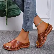 Women's Brown Slip-On Wedge Sandals – Breathable Cut-Out Design Comfort Slides for Casual Summer Wear, Walking Travel