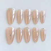 [GLORS] Nude Press-On Nails with Crystal Rhinestones and Star Design, Almond Shape, 10 Pieces (M, Almond)