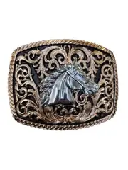 Cowboy Belt Buckle For Man Horse Head 4.25"x3.25"Gold Copper Tone/Black