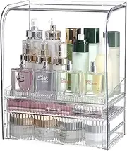 SuoXing Clear Make up Organizers for Counter With Dustproof Lid for Perfume,Beauty,Skincare and make up organizing,Great for Dresser,Bedroom Dorm Vanity and Bathroom Counter Organizer With 2 Drawers