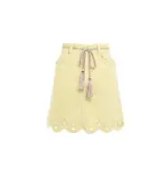 Zimmermann Clover Scallop Hem Mini Skirt | Pale Yellow Denim, Scallop, Tie Belt